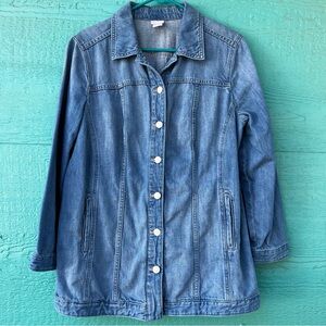 Chico’s Denim Jacket Size Large Classic Blue Button Front Stretch SIZE LARGE